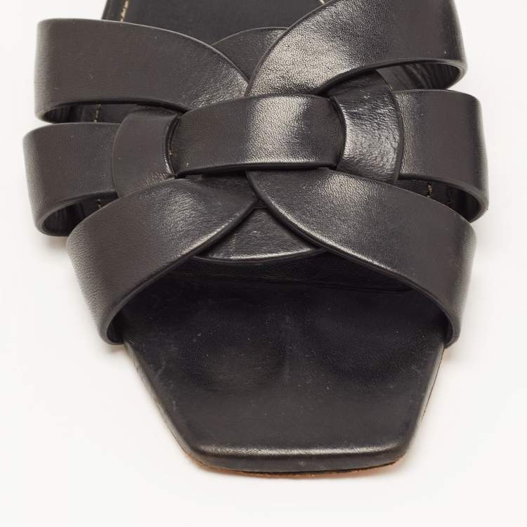 Pre Owned Saint Laurent Black Leather Tribute Flat Slides Size 39