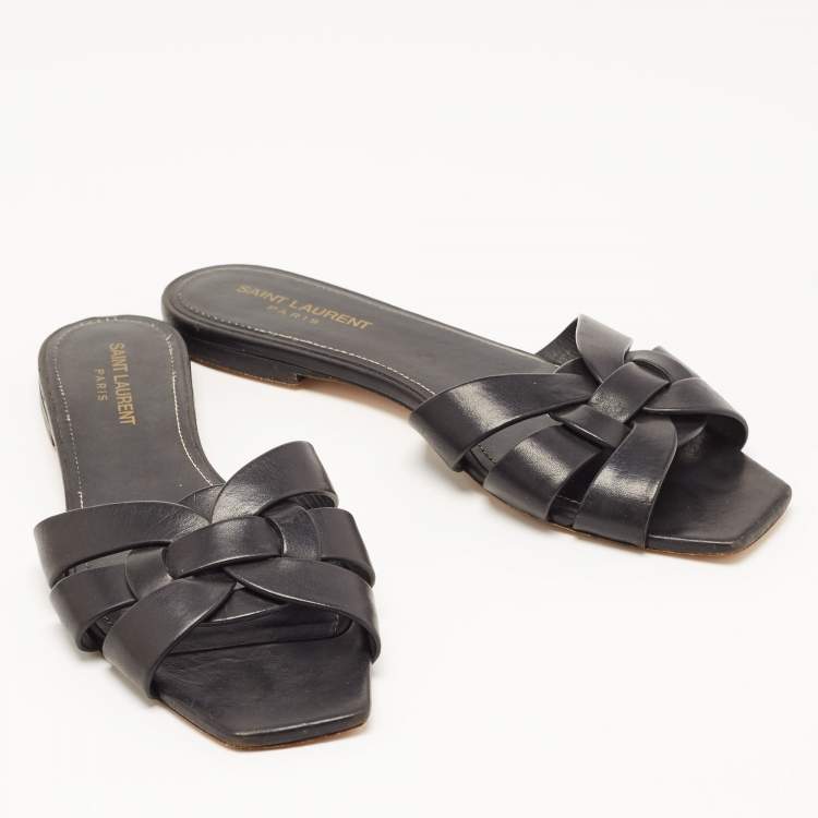 Pre Owned Saint Laurent Black Leather Tribute Flat Slides Size 39