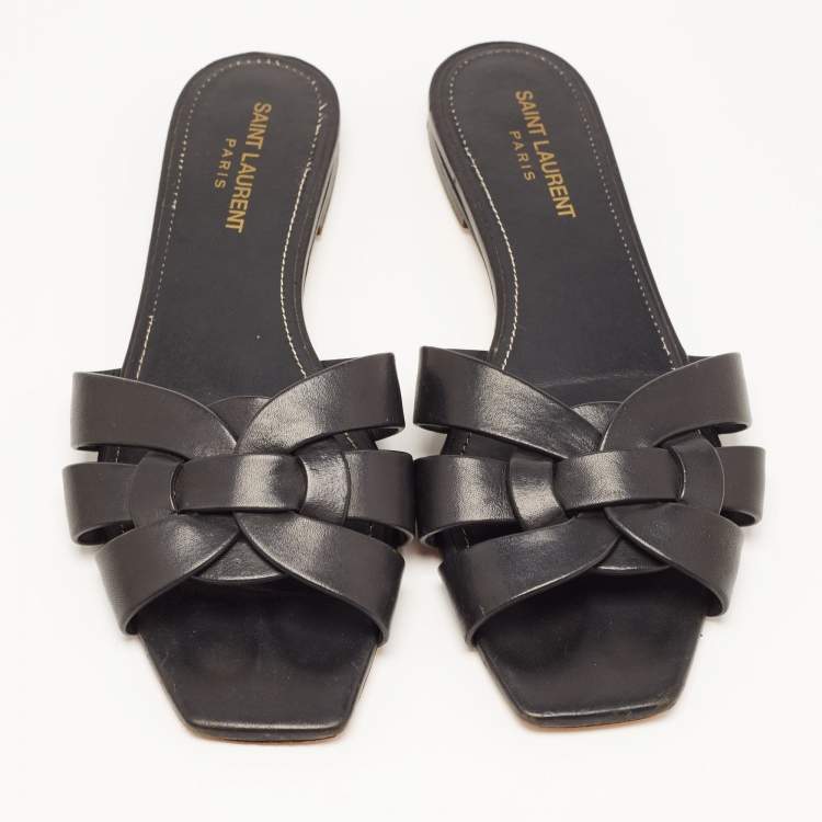 Pre Owned Saint Laurent Black Leather Tribute Flat Slides Size 39