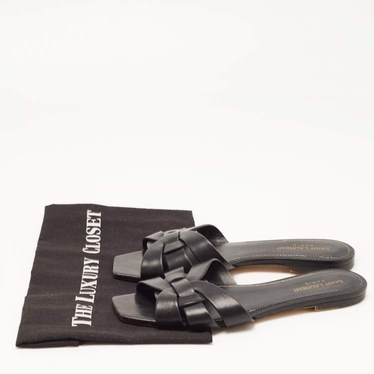 Pre Owned Saint Laurent Black Leather Tribute Flat Slides Size 39
