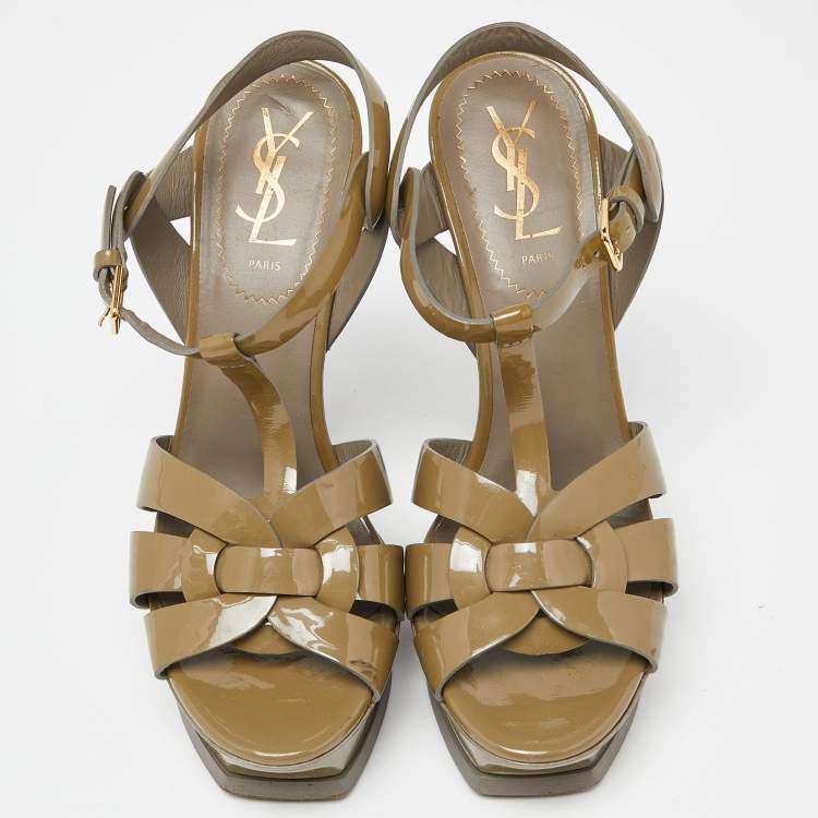 Pre Owned Saint Laurent Olive Green Patent Leather Tribute Sandals Size 37