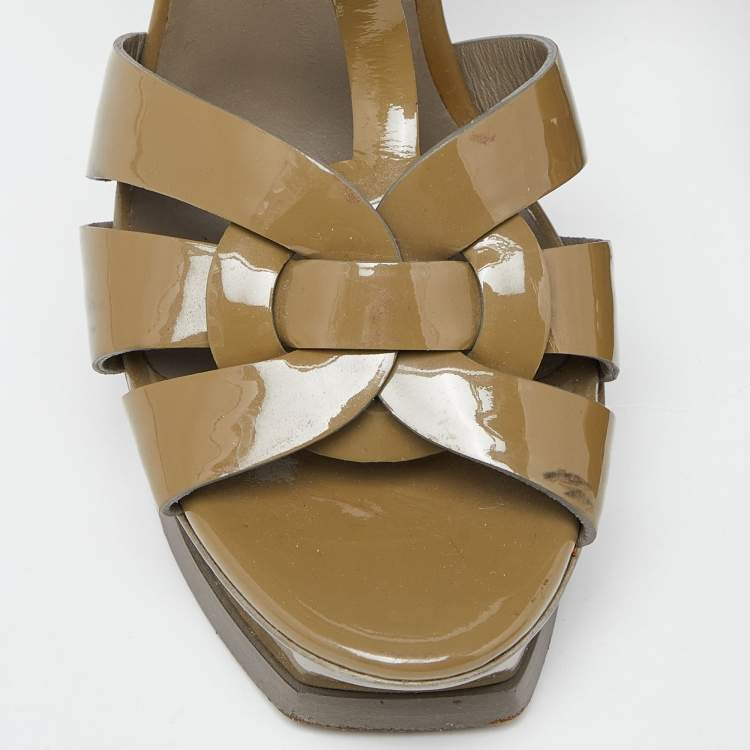 Pre Owned Saint Laurent Olive Green Patent Leather Tribute Sandals Size 37
