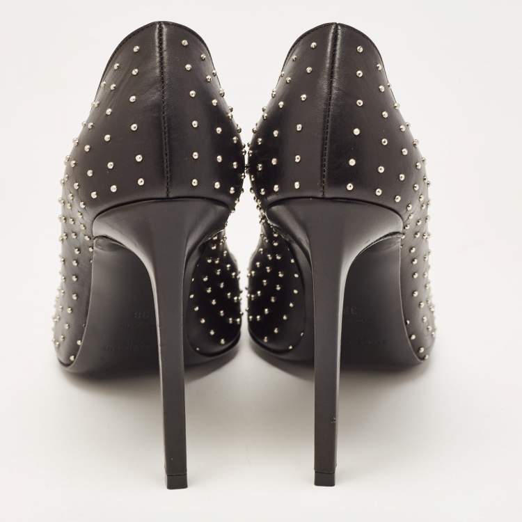 Pre Owned Saint Laurent Black Studded Leather Pointed Toe Pumps Size 38
