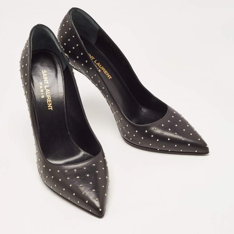 Pre Owned Saint Laurent Black Studded Leather Pointed Toe Pumps Size 38