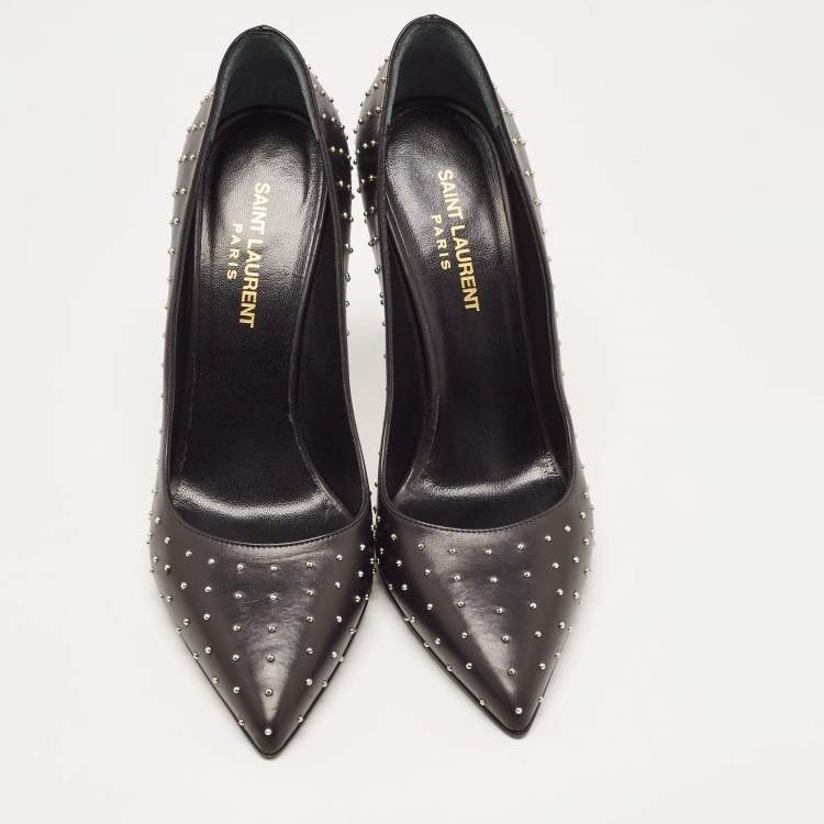 Pre Owned Saint Laurent Black Studded Leather Pointed Toe Pumps Size 38