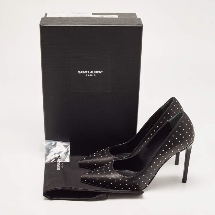 Pre Owned Saint Laurent Black Studded Leather Pointed Toe Pumps Size 38