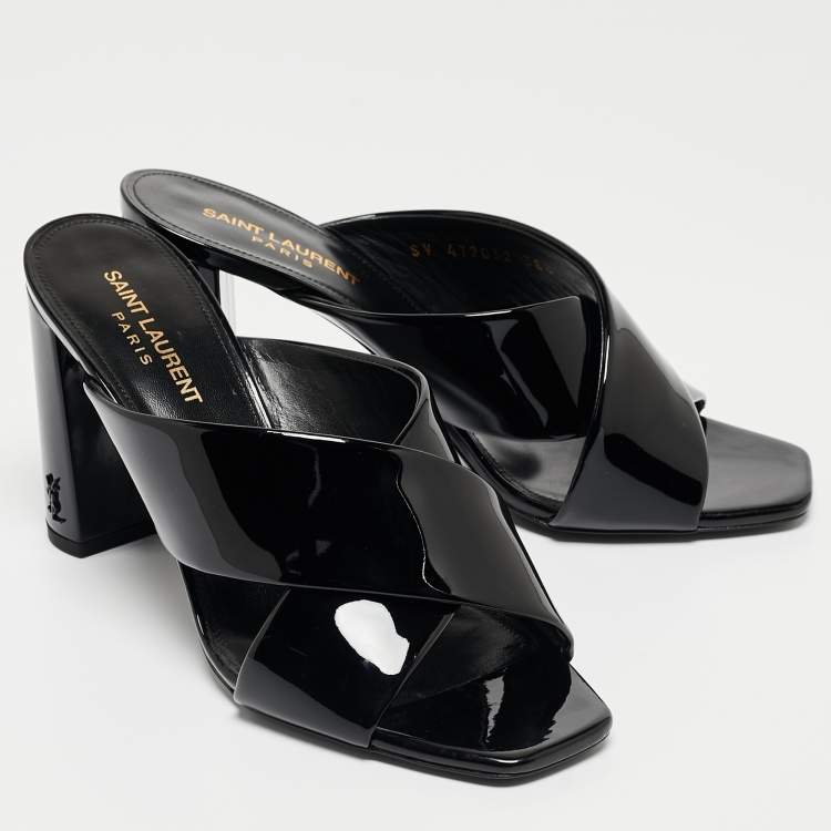 مملوكة مسبقًا Saint Laurent Paris Black Patent Leather Loulou Criss Cross Slide Sandals Size 38.5