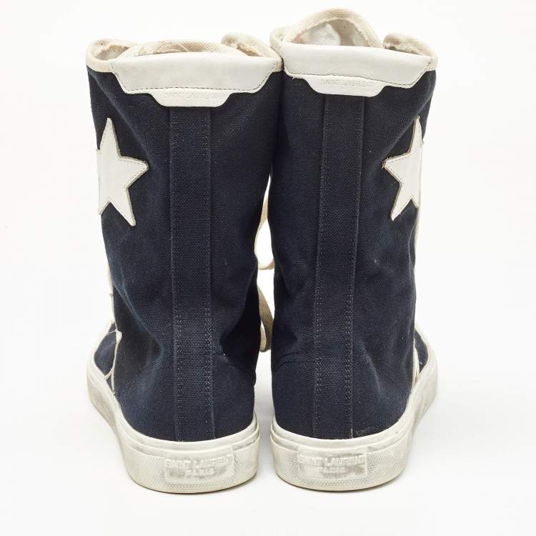 Pre Owned Saint Laurent Black/White Canvas and Leather Star Applique High Top Sneakers Size 37.5