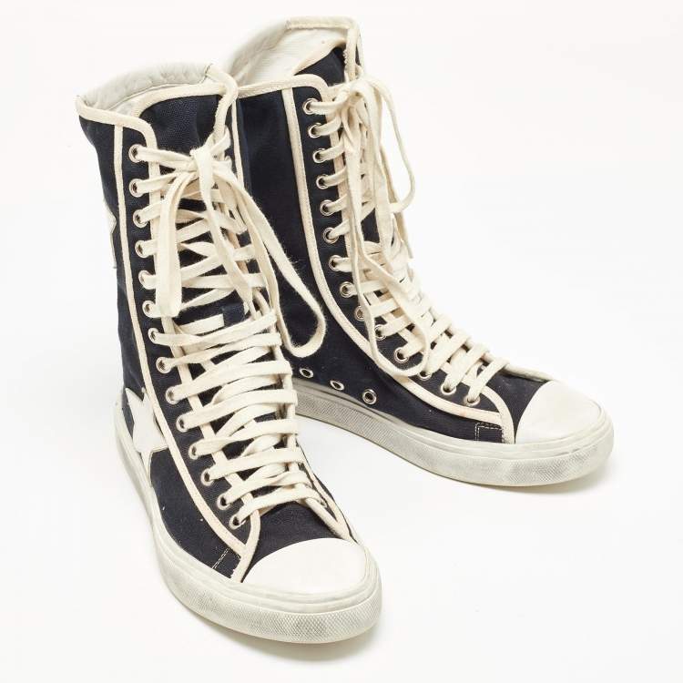 Pre Owned Saint Laurent Black/White Canvas and Leather Star Applique High Top Sneakers Size 37.5