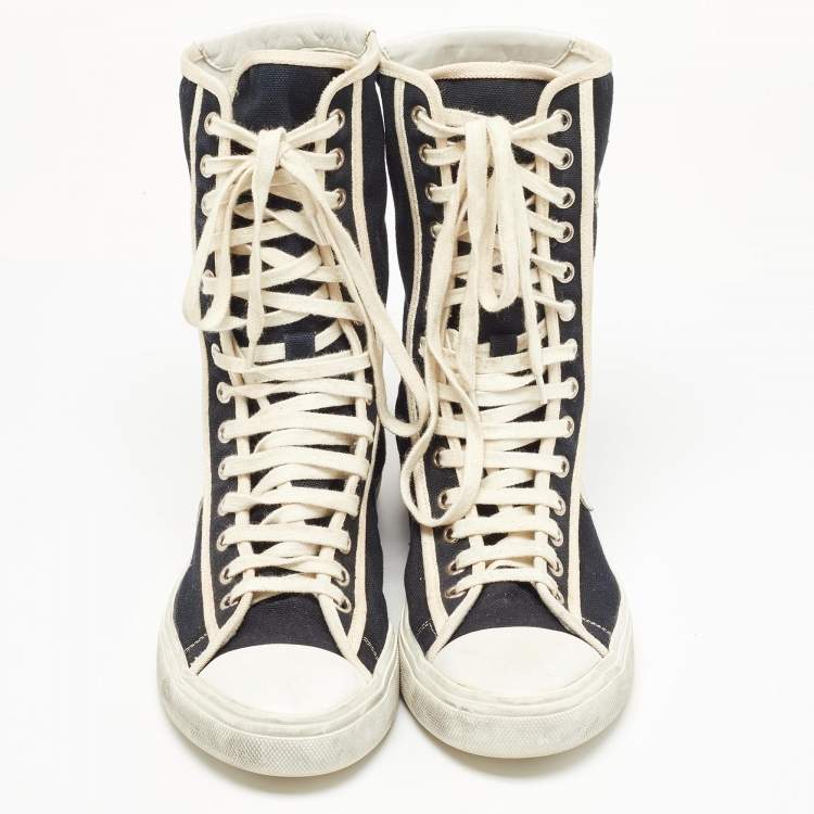 Pre Owned Saint Laurent Black/White Canvas and Leather Star Applique High Top Sneakers Size 37.5