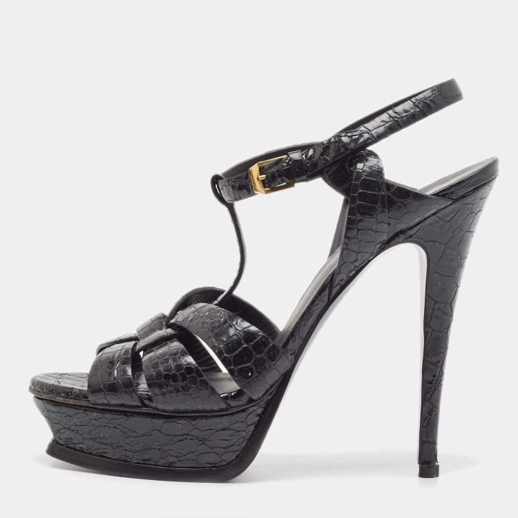 Pre Owned Saint Laurent Black Python Embossed Leather Tribute Sandals Size 40