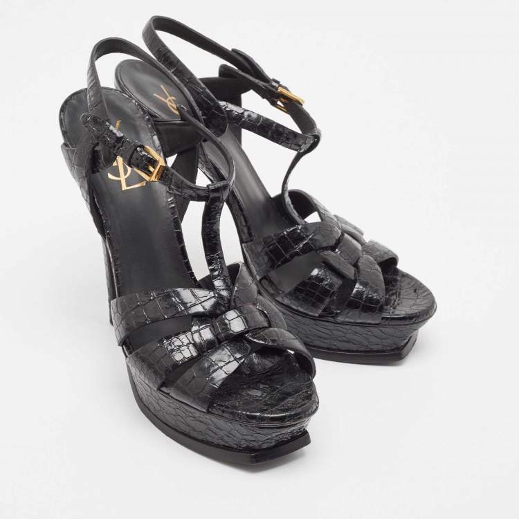 Pre Owned Saint Laurent Black Python Embossed Leather Tribute Sandals Size 40
