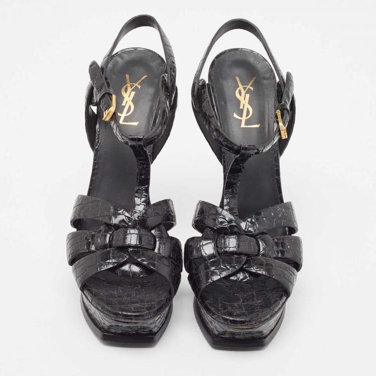 Pre Owned Saint Laurent Black Python Embossed Leather Tribute Sandals Size 40
