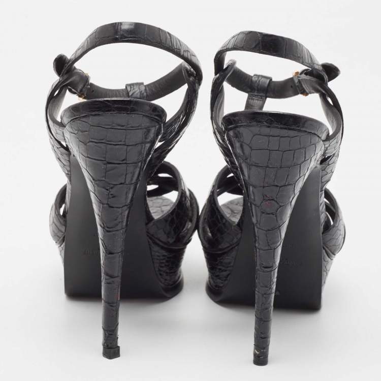 Pre Owned Saint Laurent Black Python Embossed Leather Tribute Sandals Size 40