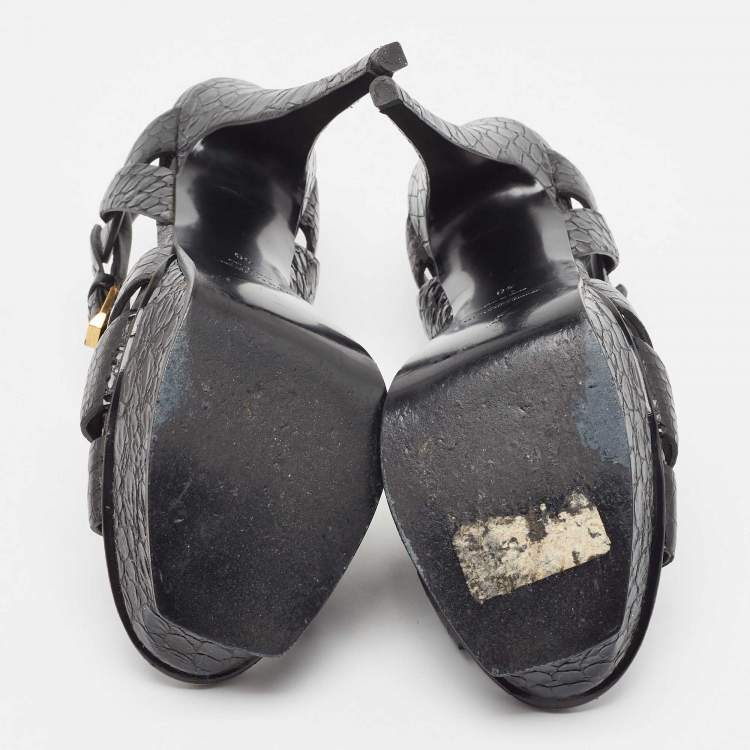 Pre Owned Saint Laurent Black Python Embossed Leather Tribute Sandals Size 40