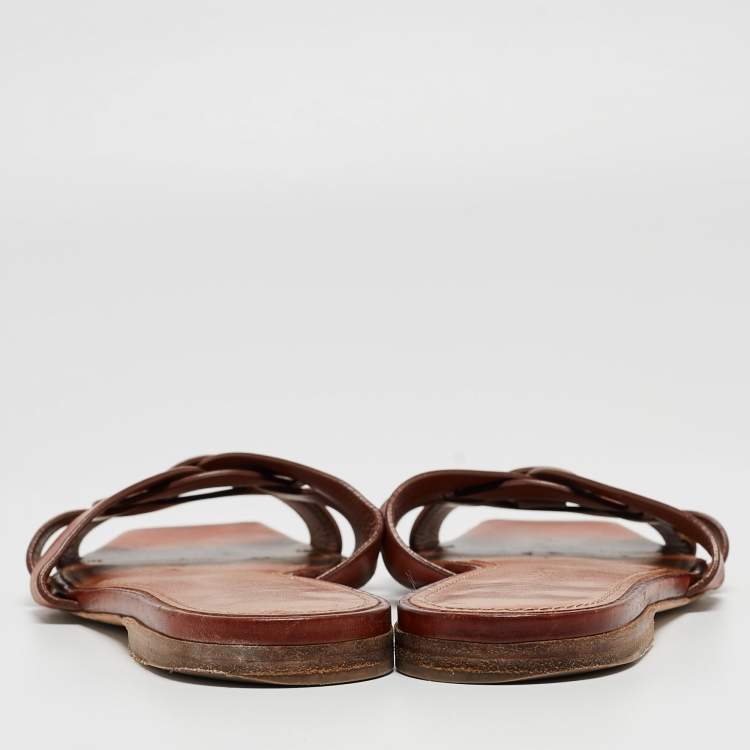مملوكة مسبقًا Saint Laurent Brown Leather Tribute Slides Size 36 