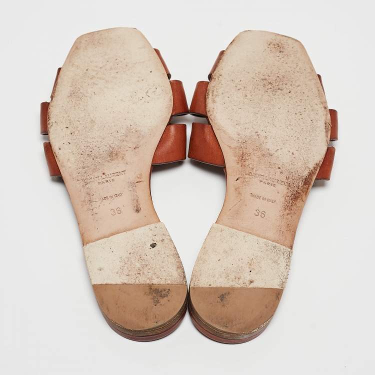 مملوكة مسبقًا Saint Laurent Brown Leather Tribute Slides Size 36 