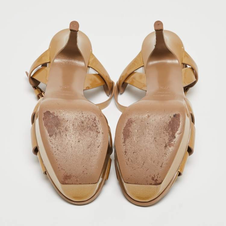 Pre Owned Saint Laurent Mustard Patent Leather Tribute Sandals Size 37.5