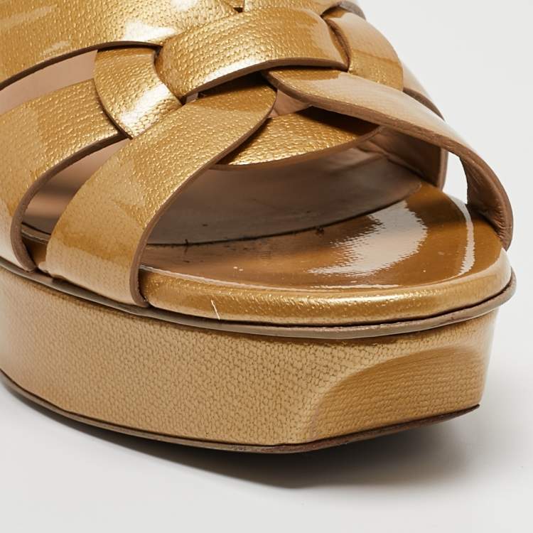 Pre Owned Saint Laurent Mustard Patent Leather Tribute Sandals Size 37.5