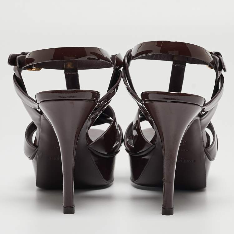 Pre Owned Saint Laurent Burgundy Patent Leather Tribute Sandals Size 37.5
