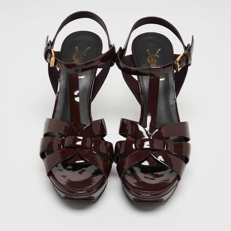 Pre Owned Saint Laurent Burgundy Patent Leather Tribute Sandals Size 37.5