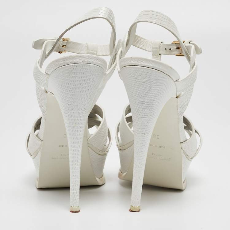 Pre Owned Saint Laurent White Lizard Embossed Leather Tribute Sandals Size 38