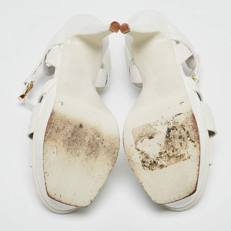 Pre Owned Saint Laurent White Lizard Embossed Leather Tribute Sandals Size 38