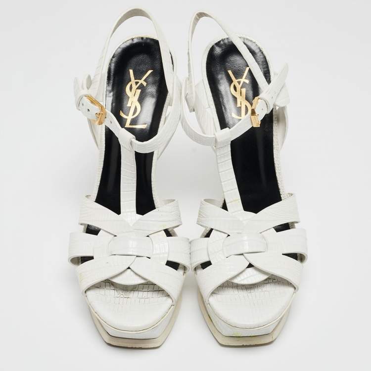 Pre Owned Saint Laurent White Lizard Embossed Leather Tribute Sandals Size 38