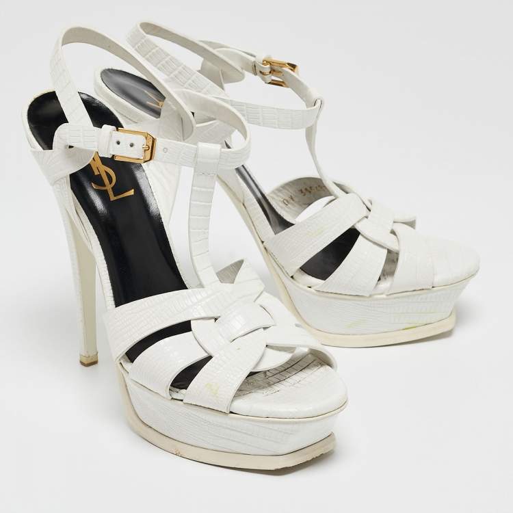 Pre Owned Saint Laurent White Lizard Embossed Leather Tribute Sandals Size 38