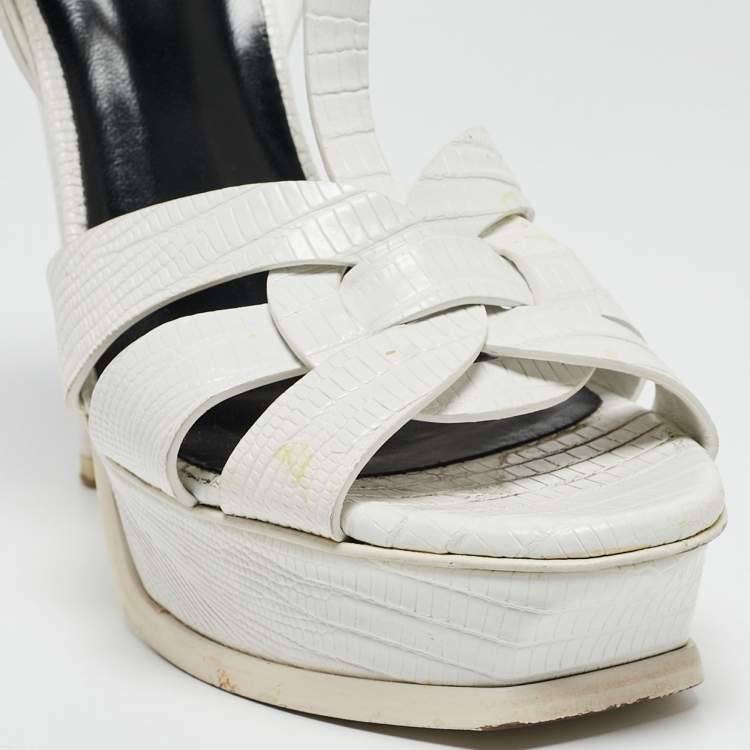 Pre Owned Saint Laurent White Lizard Embossed Leather Tribute Sandals Size 38