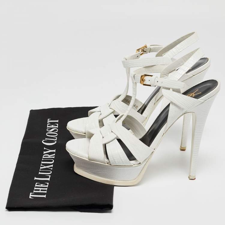 Pre Owned Saint Laurent White Lizard Embossed Leather Tribute Sandals Size 38