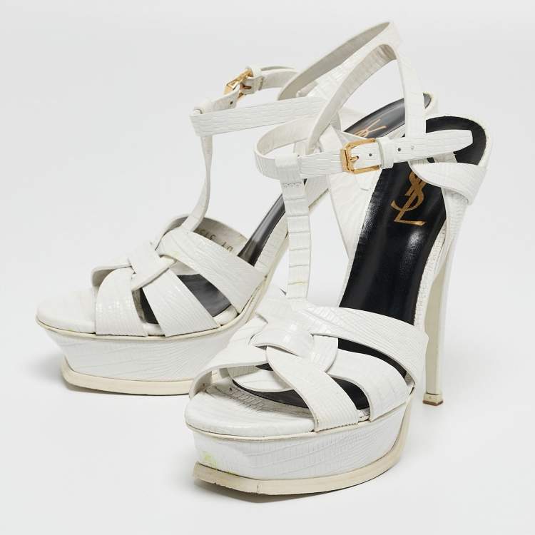 Pre Owned Saint Laurent White Lizard Embossed Leather Tribute Sandals Size 38
