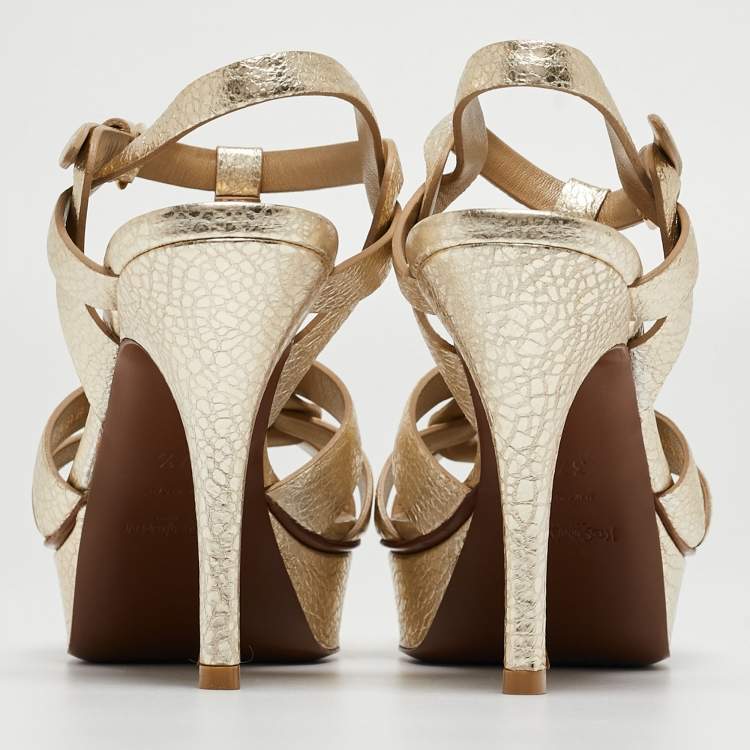 Pre Owned Saint Laurent Gold Leather Tribute Sandals Size 37.5