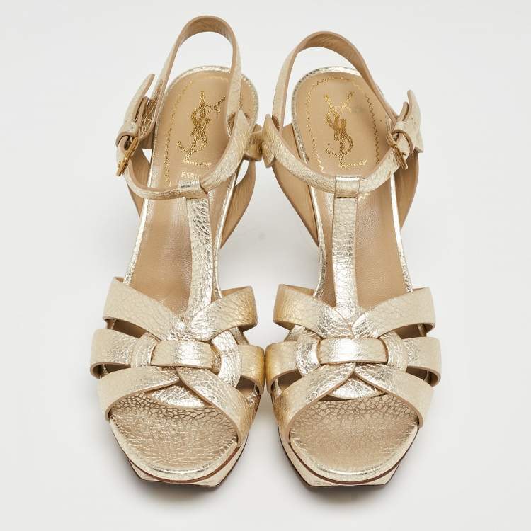 Pre Owned Saint Laurent Gold Leather Tribute Sandals Size 37.5