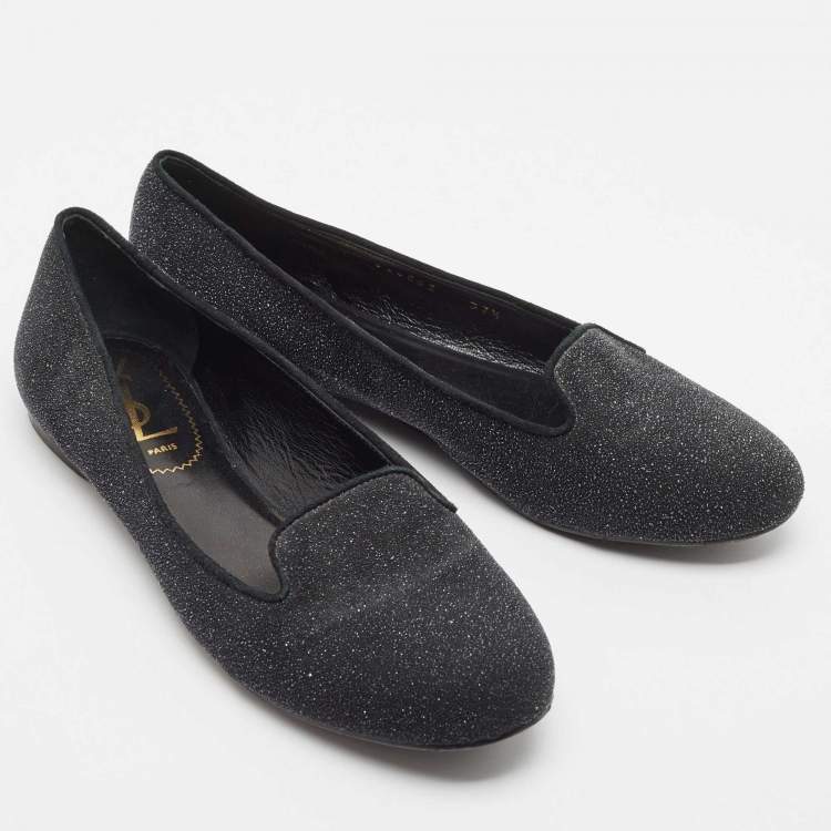 Pre Owned Yves Saint Laurent Black Glitter Suede Ballet Flats Size 37.5