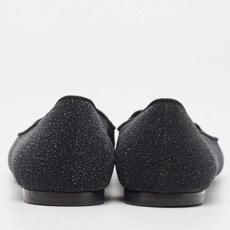 Pre Owned Yves Saint Laurent Black Glitter Suede Ballet Flats Size 37.5