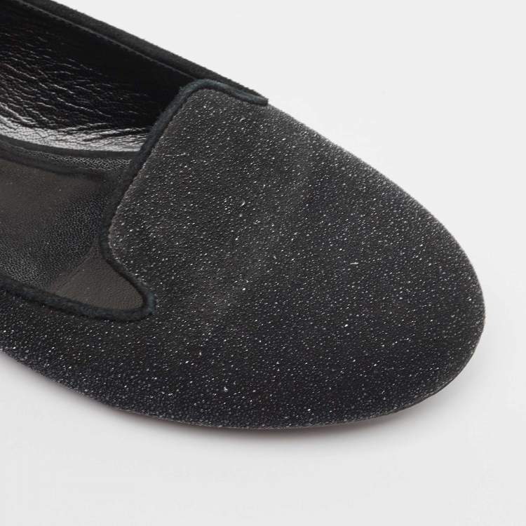 Pre Owned Yves Saint Laurent Black Glitter Suede Ballet Flats Size 37.5