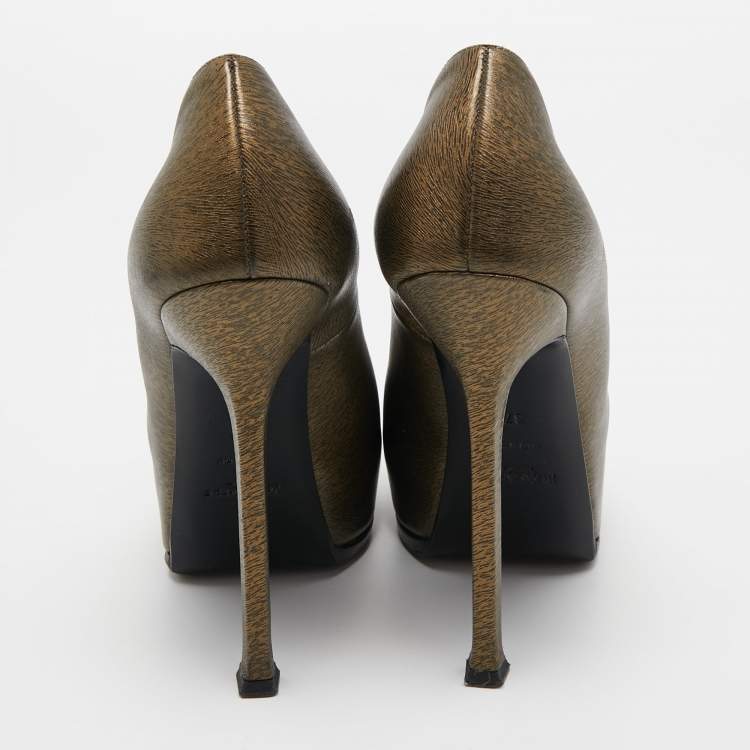 Pre Owned Saint Laurent Two Tone Textured Leather Tribtoo Pumps Size 37