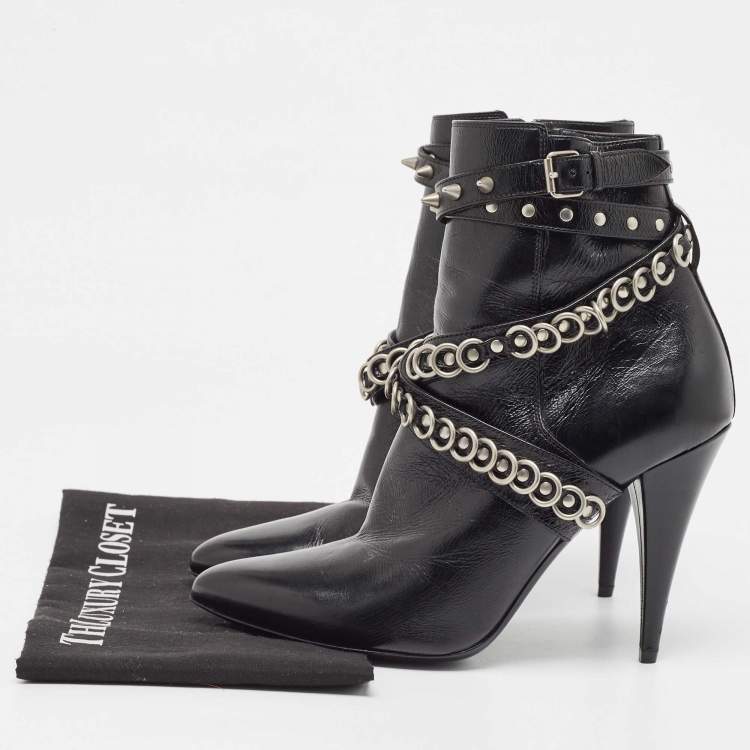 Pre Owned Saint Laurent Black Leather Studded Fetish Ankle Booties Size 39.5