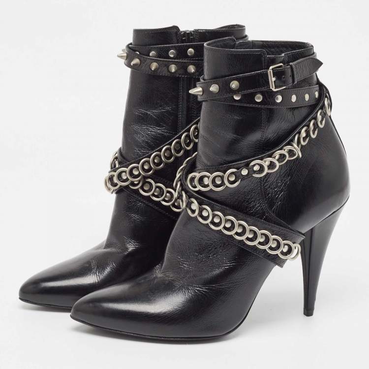 Pre Owned Saint Laurent Black Leather Studded Fetish Ankle Booties Size 39.5