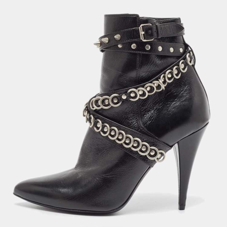 Pre Owned Saint Laurent Black Leather Studded Fetish Ankle Booties Size 39.5