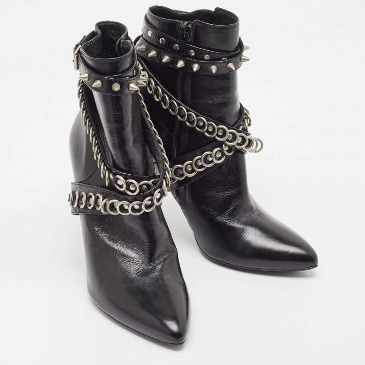 Pre Owned Saint Laurent Black Leather Studded Fetish Ankle Booties Size 39.5