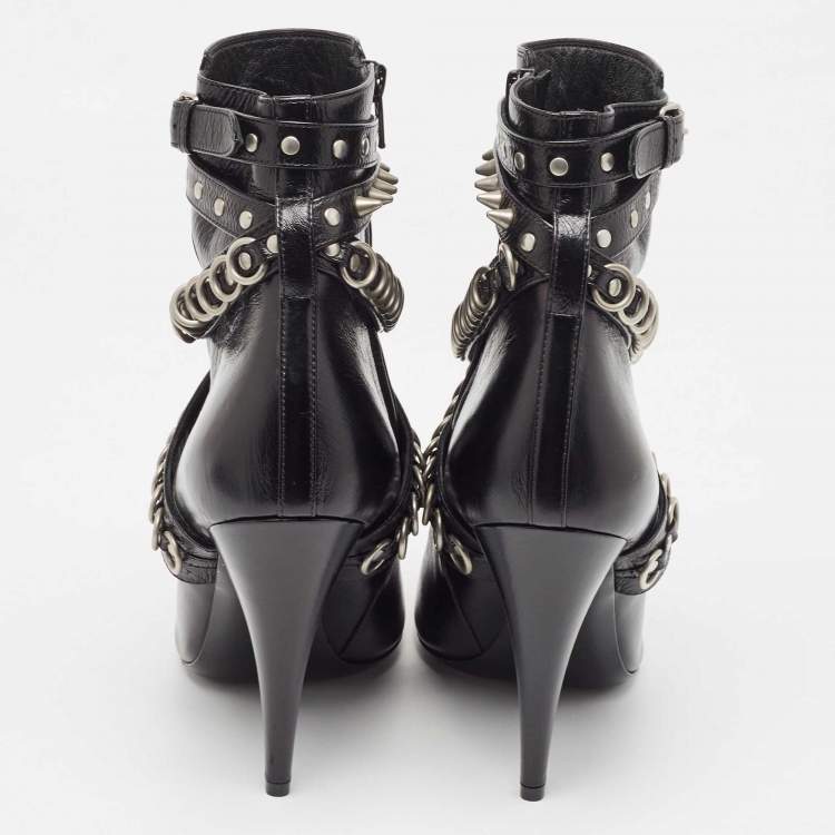 Pre Owned Saint Laurent Black Leather Studded Fetish Ankle Booties Size 39.5