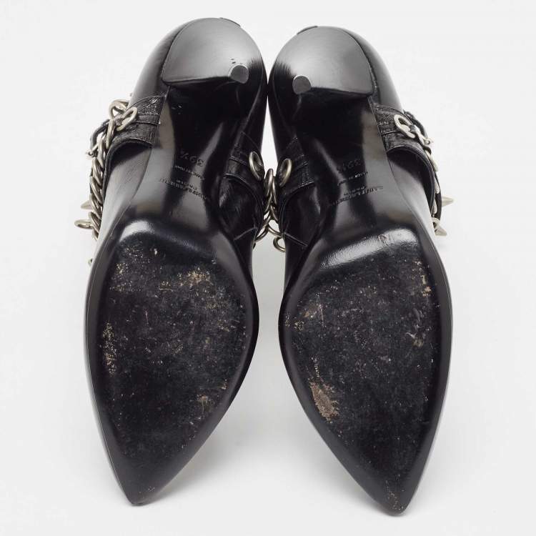 Pre Owned Saint Laurent Black Leather Studded Fetish Ankle Booties Size 39.5