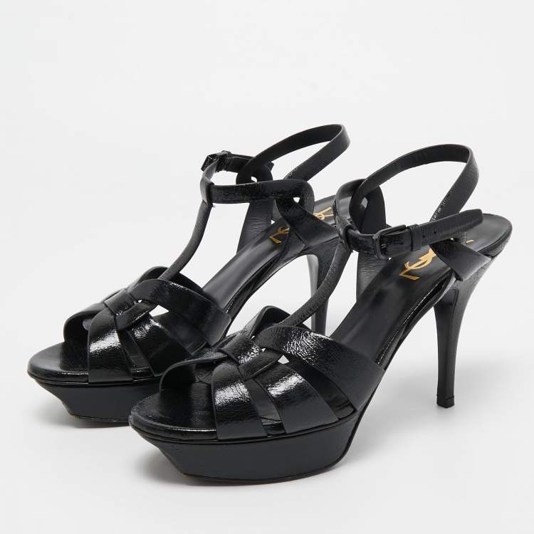 Pre Owned Saint Laurent  Black Leather Tribute  Ankle Strap Sandals Size 39