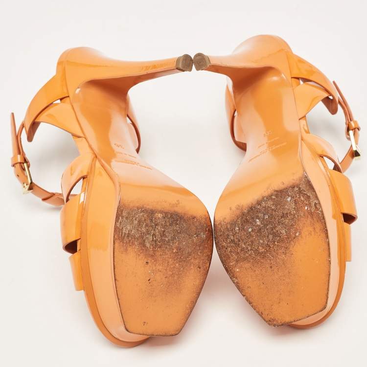Pre Owned Saint Laurent Orange Patent Leather Tribute Sandals Size 36