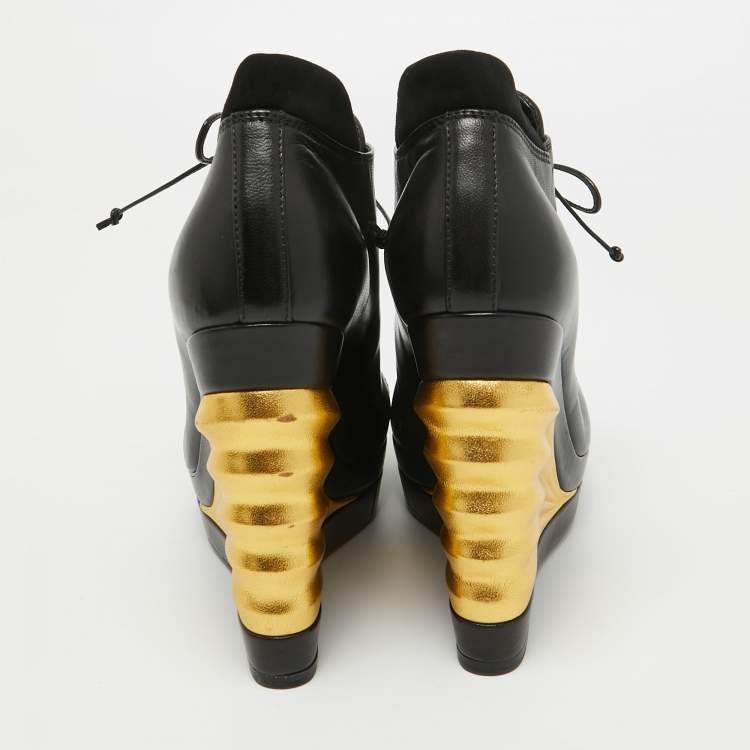 Pre Owned Saint Laurent Black Leather Robyn Wedge Booties Size 36