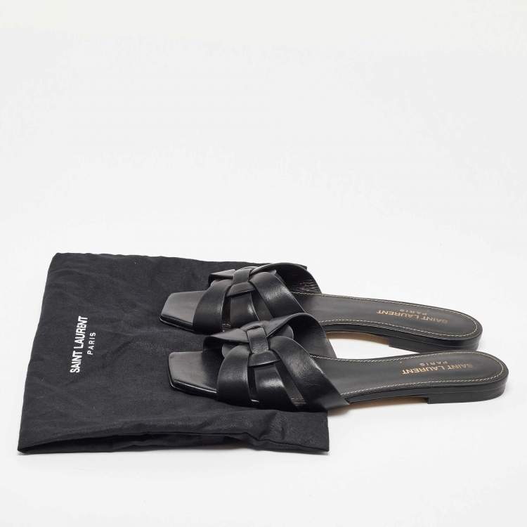 Pre Owned Saint Laurent Black Leather Tribute Flat Slides Size 37.5
