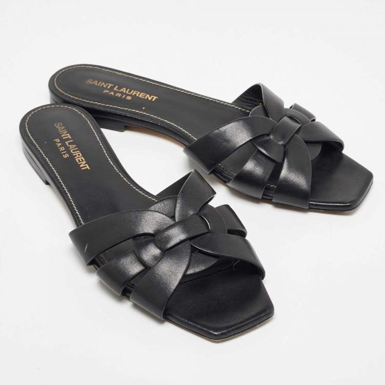 Pre Owned Saint Laurent Black Leather Tribute Flat Slides Size 37.5
