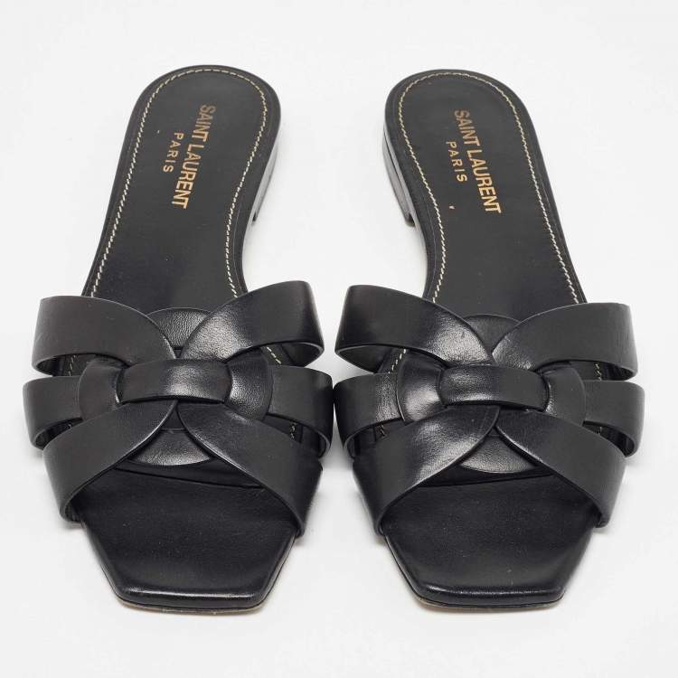Pre Owned Saint Laurent Black Leather Tribute Flat Slides Size 37.5